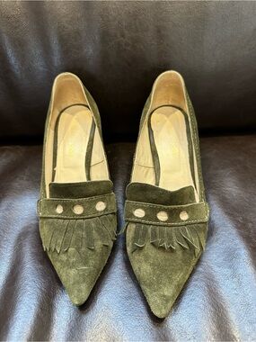 Vintage Women's Olive Suede Pointed-Toe Fringe Heeled Loafers EU 38
